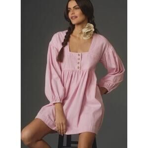 By Anthropologie Long-Sleeve Square-Neck Denim Babydoll Mini Dress in Pink Sz L